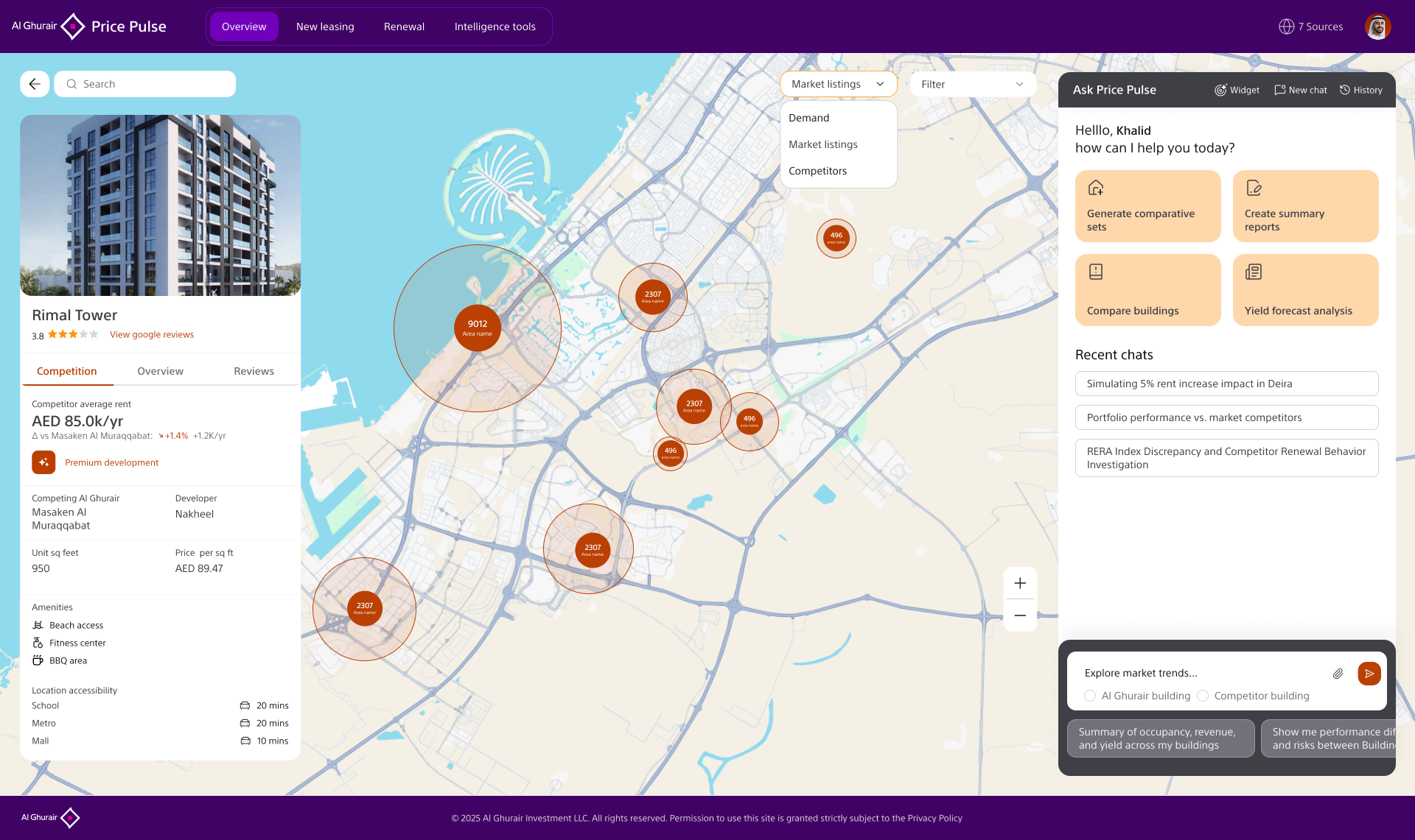 Price Pulse map view with property card, competitor clusters, search, filters, and AI assistant panel