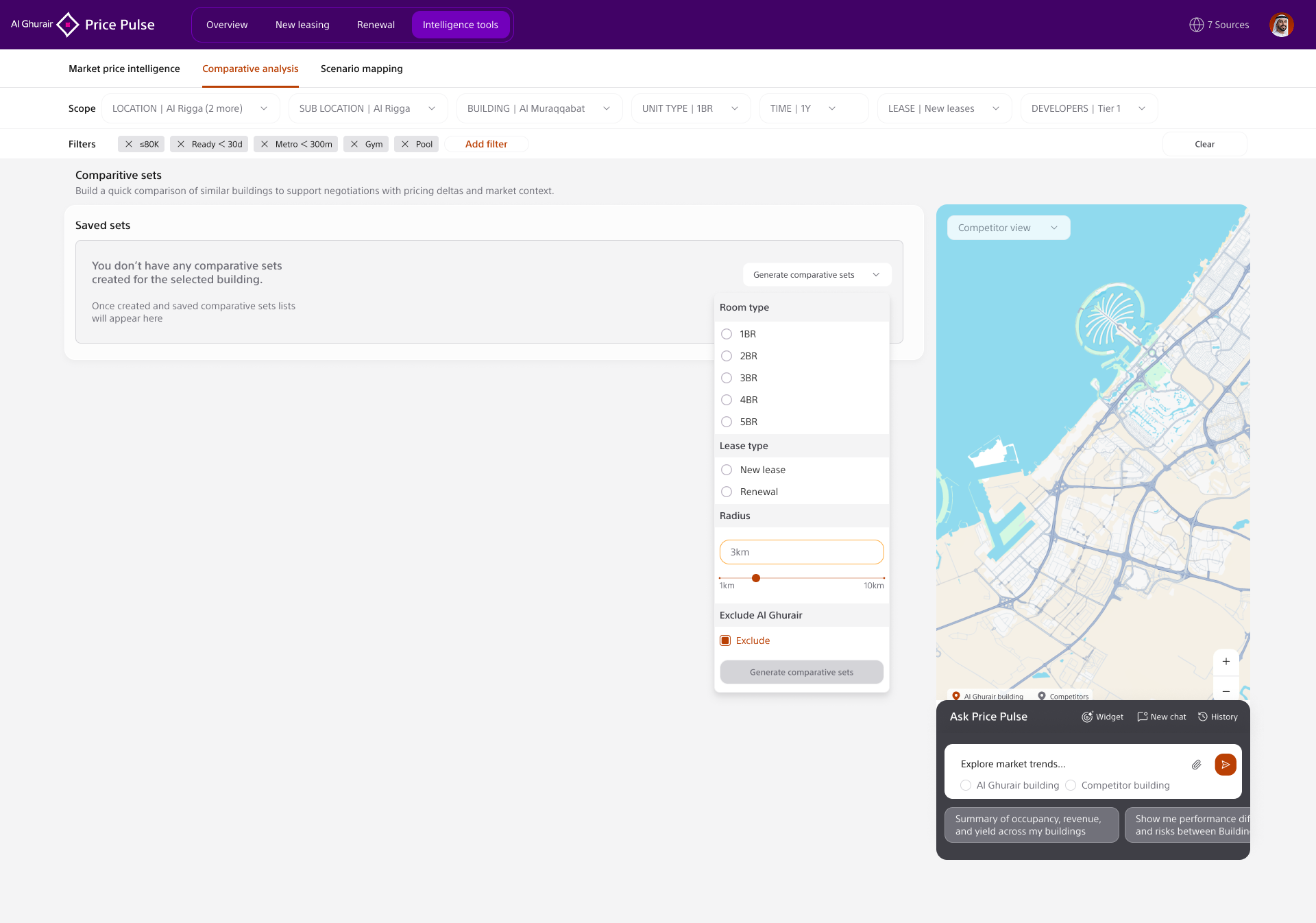 Comparative analysis screen listing competitor buildings with map and selected benchmark building