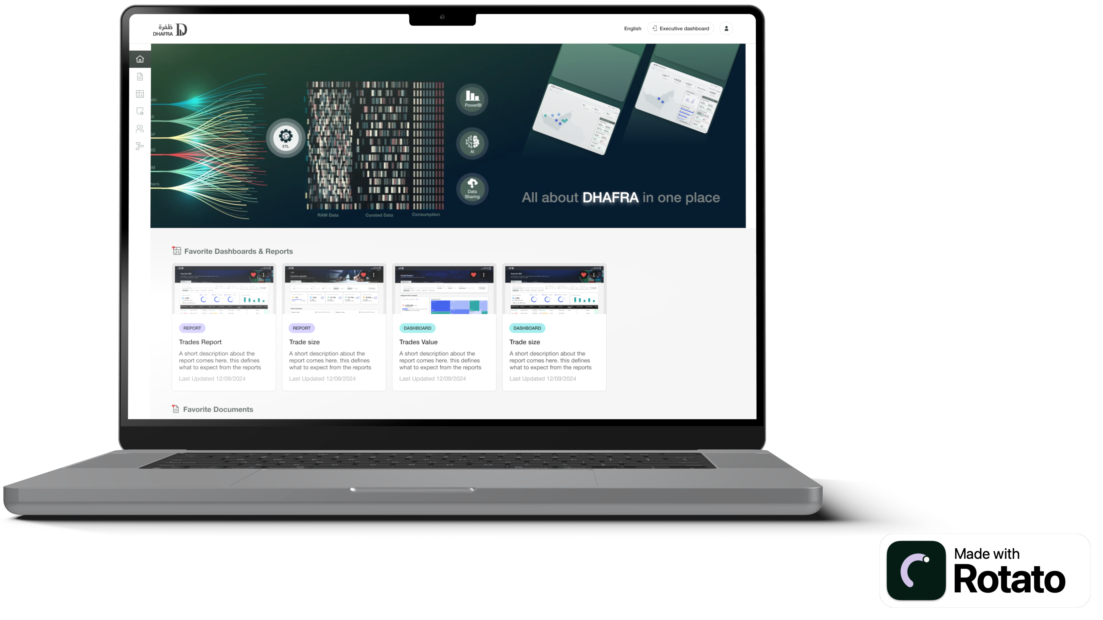 DHAFRA Data Hub home page showing favourite dashboards, reports, and documents