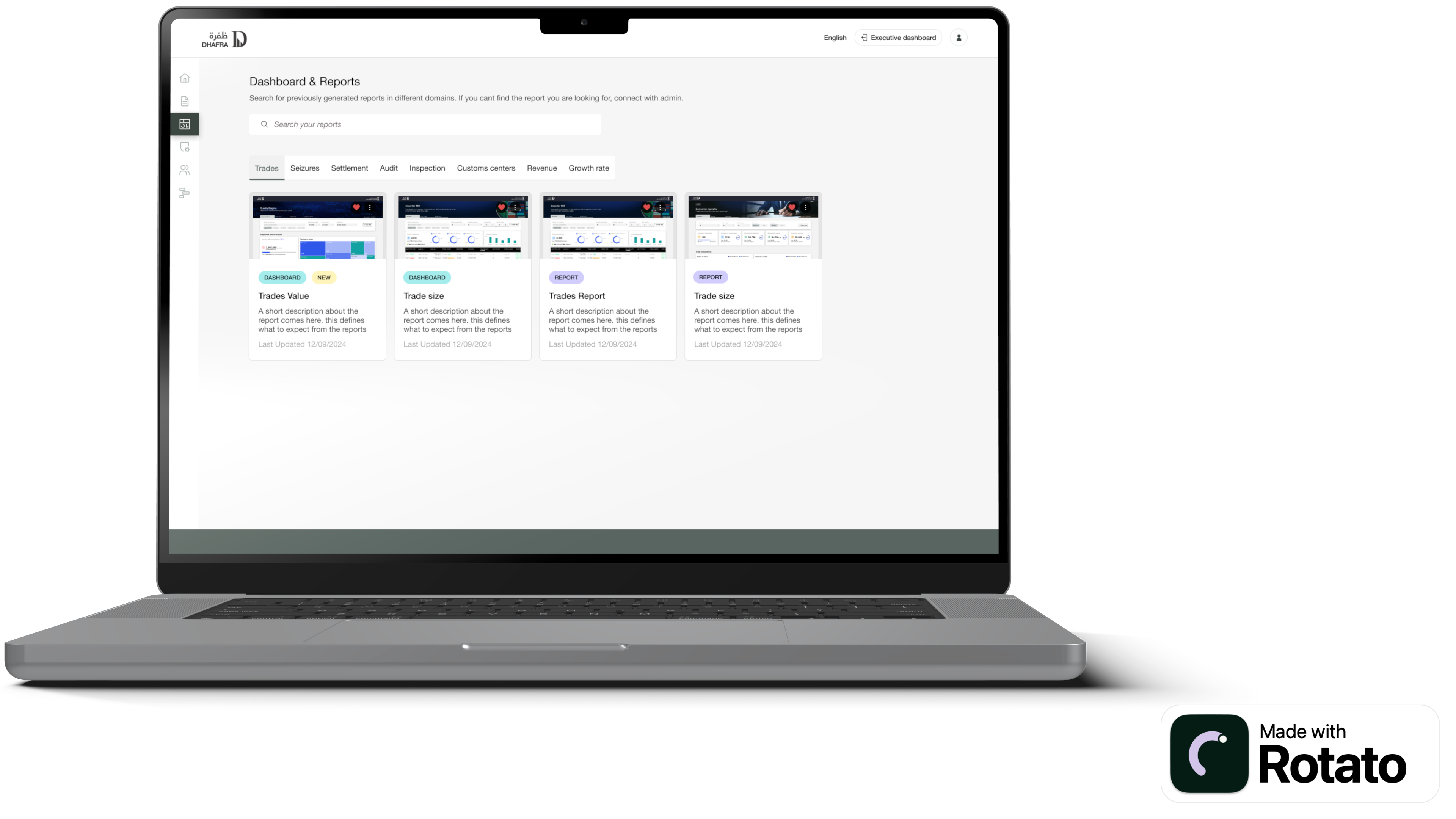 DHAFRA Dashboard and Reports explorer with search, category tabs, and report cards